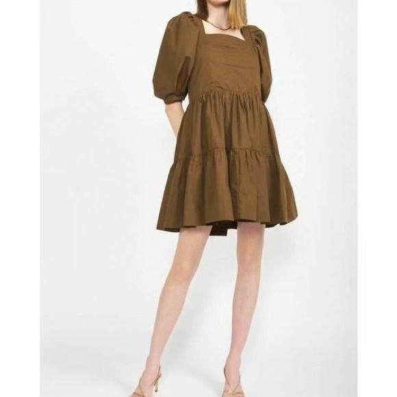 En Saison Dresses & Skirts - En Saison Gilda Tie-Back Poplin Mini Dress Puff Sleeve Square Neck Size Small S